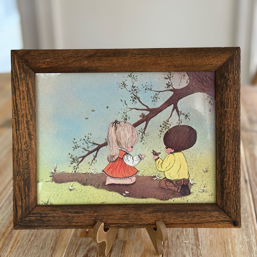 Vintage Framed Art with Children Print 1970s BP Co Inc